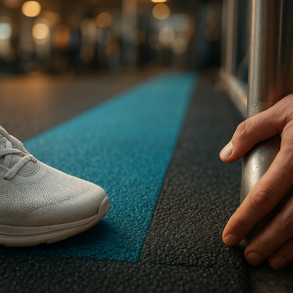 Fotografía macro fotorealista, íntima y táctil, de la entrada de un gimnasio para principiantes: primerísimo plano de tres zonas progresivas de suelo de caucho con texturas claramente diferenciadas —de suave a más firme— unidas por una franja continua de color azul petróleo que guía visualmente el recorrido hacia el fondo desenfocado. En el borde inferior, la punta de una zapatilla limpia y ligeramente insegura acaba de cruzar el primer umbral; junto a ella, una mano humana roza una barandilla de acero cepillado, capturando pequeñas huellas dactilares, microarañazos y gotas de condensación. La profundidad de campo extremadamente reducida mantiene nítidos los gránulos del caucho, las fibras textiles y el metal, mientras las numerosas máquinas y personas del gimnasio se disuelven en un bokeh suave y no intimidante. Luz lateral cálida de primera hora de la mañana mezclada con un sutil resplandor azul, sombras cinematográficas, reflejos naturales, composición conceptual que comunica acompañamiento, claridad y un primer paso sencillo frente al caos abrumador. Cámara de formato medio, objetivo macro de 100 mm, apertura f/1.4, enfoque selectivo, textura realista, profundidad tridimensional, fotografía DSLR profesional, resolución 8K, sin texto, letras, números, símbolos, logotipos, marcas de agua ni interfaces visibles., photorealistic rendering, professional DSLR photograph quality, natural cinematic lighting, real materials and textures, 8K resolution, shallow depth of field where appropriate, no text, no diagrams, no charts, no illustrations, no vectors, no cartoons