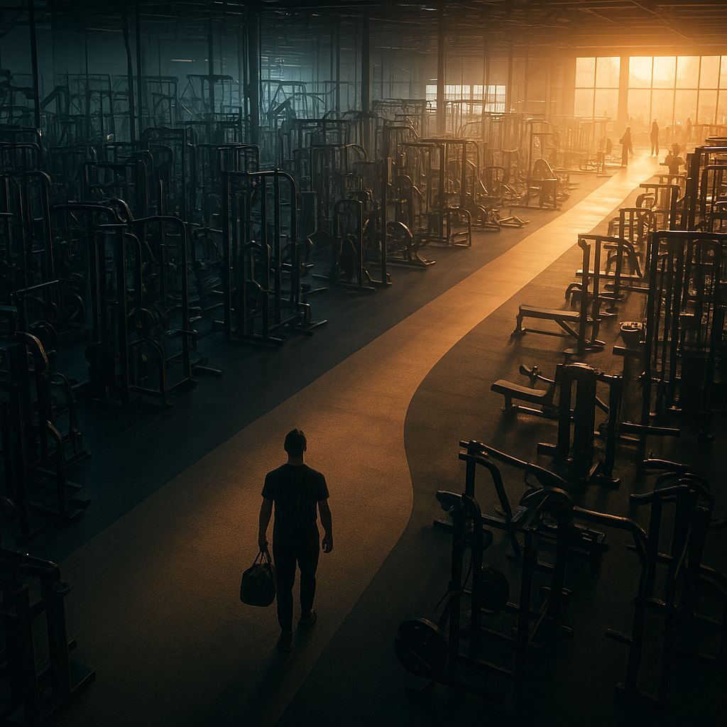 Fotografía ambiental panorámica y fotorrealista de un gimnasio enorme al amanecer, visto desde una perspectiva elevada y ligeramente angular con un objetivo de 24 mm, donde el espacio se transforma visualmente en un laberinto monumental de máquinas metálicas, poleas y estructuras de entrenamiento que parecen un bosque intimidante. En primer plano, un principiante solitario, pequeño frente a la escala del lugar, permanece detenido en la entrada con una bolsa deportiva sencilla, rodeado por sombras frías y filas confusas de equipos; al fondo, una ruta física, clara y progresiva atraviesa el gimnasio en tres zonas abiertas que van de ejercicios básicos a movimientos más avanzados, diferenciadas únicamente por cambios naturales de color en el suelo, iluminación cálida y agrupación ordenada de máquinas, sin palabras, letras, números, logotipos ni señalización textual. La ruta se curva suavemente hacia una zona final luminosa donde varias personas entrenan con seguridad y autonomía, creando una metáfora visual de pasar de la soledad y la sobrecarga a la confianza y la permanencia. Contraste dramático entre luz azul grisácea en el laberinto y luz dorada envolvente en el recorrido guiado, rayos de sol entrando por grandes ventanales, polvo atmosférico real, reflejos auténticos sobre acero y caucho, profundidad espacial impresionante, composición editorial aspiracional y cinematográfica, instante congelado como una fotografía documental surrealista pero creíble. Capturada con cámara DSLR profesional, objetivo 24 mm, apertura f/8, enfoque profundo, rango dinámico alto, iluminación natural de amanecer combinada con luces prácticas del gimnasio, texturas realistas, sombras físicamente precisas, resolución 8K, sin apariencia de render 3D, sin ilustración, sin infografías y sin ningún texto visible., photorealistic rendering, professional DSLR photograph quality, natural cinematic lighting, real materials and textures, 8K resolution, shallow depth of field where appropriate, no text, no diagrams, no charts, no illustrations, no vectors, no cartoons