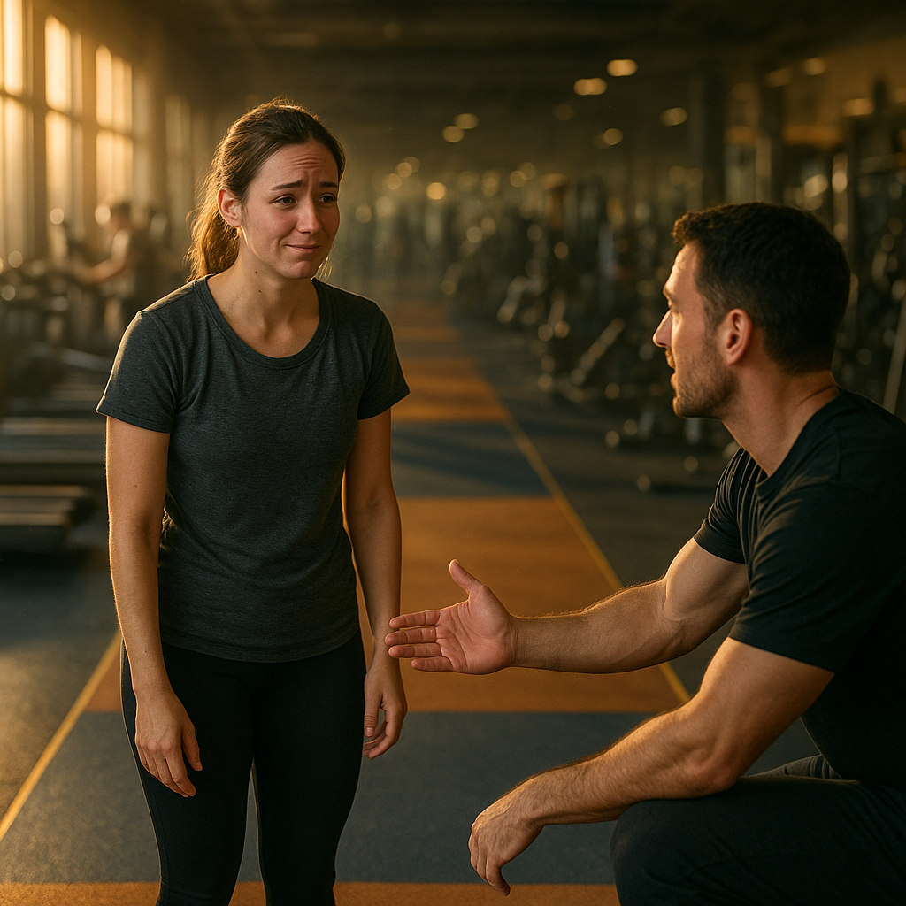 Fotografía editorial fotorealista de un gimnasio real al amanecer, capturada con una cámara DSLR de formato completo y objetivo de 35 mm a f/1.4, 8K, con profundidad de campo cinematográfica y textura auténtica de piel, caucho, metal y tela. En primer plano, una persona principiante de unos treinta años, con ropa deportiva sencilla y expresión de alivio mezclada con inseguridad, permanece en el umbral de una zona de entrenamiento claramente acogedora: un recorrido físico de suelo cálido en tonos ámbar y azul profundo avanza suavemente entre estaciones sencillas y ordenadas, delimitadas por franjas de color y formas geométricas abstractas sin letras, números ni símbolos legibles. A un lado, un entrenador humano se agacha a la altura de la persona y le ofrece una mano abierta, en un gesto natural de bienvenida y orientación, sin posar ni mirar a cámara. Al fondo, desenfocada y visualmente abrumadora, aparece la enorme sala principal con decenas de máquinas, espejos y socios experimentados moviéndose con seguridad, creando una escala intimidante; entre ambos espacios, la ruta guiada funciona como un puente visual que transforma el caos en confianza. Luz dorada entrando por ventanales, contraste entre sombras frías del área abrumadora y luz cálida sobre el principiante y el entrenador, partículas de polvo visibles en el aire, reflejos realistas sobre el metal, motion blur sutil en las personas del fondo, composición asimétrica y emocional, perspectiva baja a la altura de los ojos, sensación de conexión humana auténtica y de que la infraestructura hace que alguien deje de sentirse solo. Sin texto, letras, números, logotipos, marcas de agua, pantallas, ilustración, CGI ni apariencia de render; únicamente una fotografía realista, espontánea y visualmente impactante., photorealistic rendering, professional DSLR photograph quality, natural cinematic lighting, real materials and textures, 8K resolution, shallow depth of field where appropriate, no text, no diagrams, no charts, no illustrations, no vectors, no cartoons