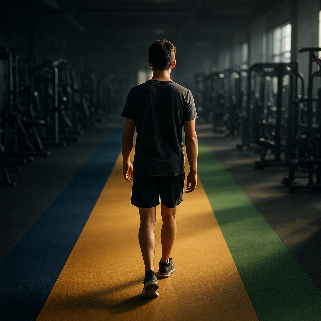 Fotografía editorial conceptual y fotorrealista en composición cuadrada 1:1, optimizada para verse con claridad a 200x200 px: un principiante de gimnasio, visto de espaldas y ligeramente aislado, se encuentra en el umbral de una enorme sala repleta de máquinas de entrenamiento desenfocadas que se multiplican como un laberinto intimidante; frente a él aparece un recorrido sencillo y luminoso de tres zonas progresivas marcadas únicamente por cambios de color en el suelo —azul profundo, ámbar cálido y verde fresco— que conduce hacia una pequeña área de entrenamiento acogedora al fondo. El contraste visual debe comunicar abrumamiento frente a orientación y pertenencia: la sala de máquinas queda en sombras frías, densa y caótica, mientras el recorrido guiado está bañado por una franja de luz dorada que invita a avanzar. Una única silueta humana como punto focal, postura inicialmente insegura pero dando el primer paso, sin rostros visibles, sin texto, sin letras, sin números, sin logotipos ni señalización escrita. Composición minimalista pero impactante, líneas de perspectiva convergiendo hacia el camino iluminado, profundidad atmosférica, materiales reales de caucho, acero cepillado, vidrio y hormigón, iluminación cinematográfica de alto contraste, luz volumétrica natural entrando por ventanas laterales, sombras realistas, sutil reflejo en el suelo, lente de 35 mm, apertura f/2.0, profundidad de campo selectiva, fotografía capturada con cámara DSLR profesional de formato medio, textura auténtica, rango dinámico amplio, resolución 8K, sin apariencia de CGI, sin ilustración, sin elementos gráficos., photorealistic rendering, professional DSLR photograph quality, natural cinematic lighting, real materials and textures, 8K resolution, shallow depth of field where appropriate, no text, no diagrams, no charts, no illustrations, no vectors, no cartoons
