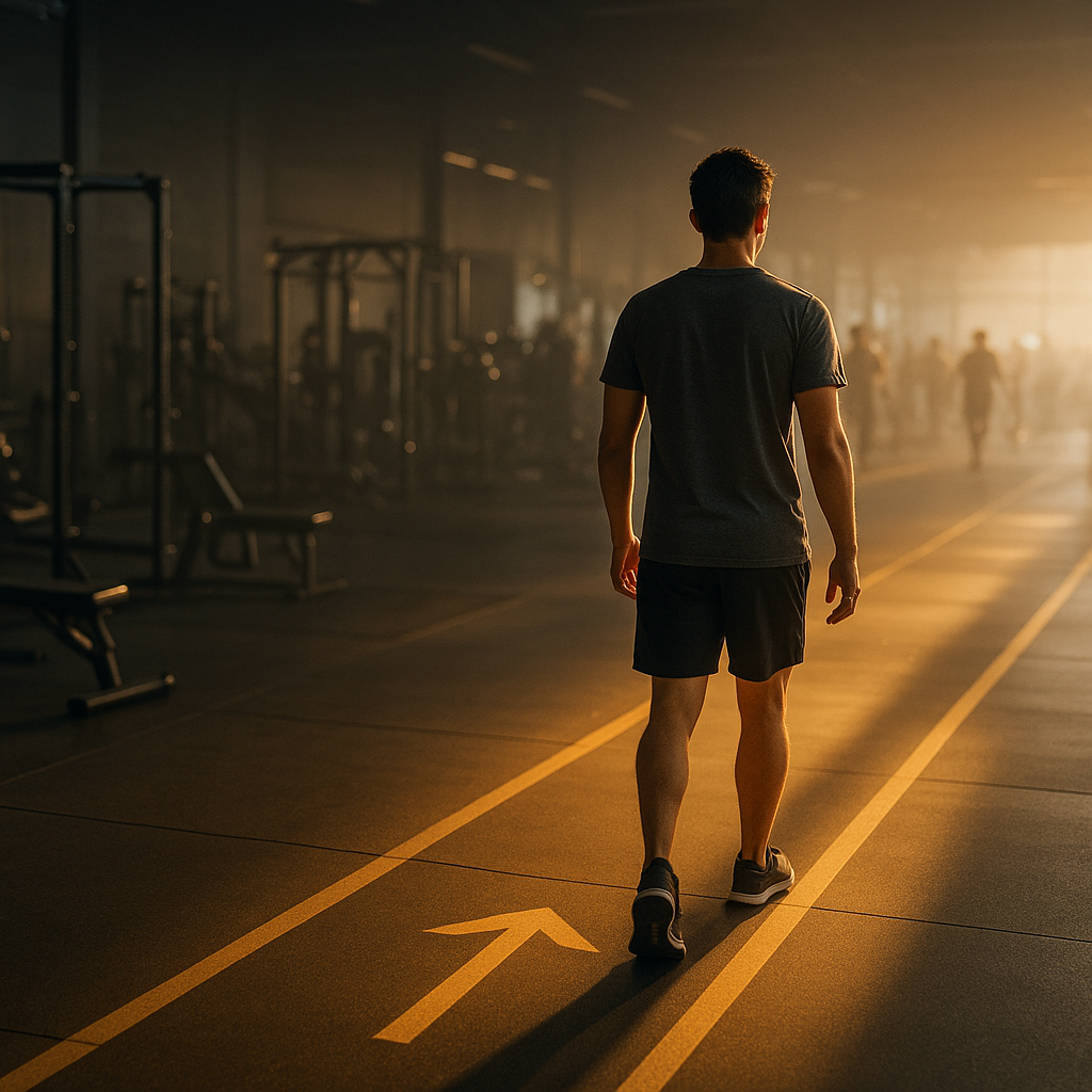 Fotografía conceptual hiperrealista de un gimnasio contemporáneo capturada justo después del amanecer, composición cinematográfica en formato horizontal: en primer plano, una persona principiante con ropa deportiva sencilla avanza con confianza por un recorrido físico claramente guiado dentro del gimnasio, siguiendo una secuencia de zonas progresivas delimitadas por franjas de luz cálida en el suelo, estaciones sencillas y espacios cada vez más equipados; la infraestructura convierte un entorno intimidante en un camino intuitivo y acogedor. Al fondo y ligeramente a un lado, una gran sala repleta de máquinas de musculación parece abrumadora y laberíntica, con decenas de usuarios experimentados moviéndose deprisa en desenfoque, sombras profundas y sensación de aislamiento; alrededor del principiante, en cambio, el espacio está despejado, bañado por una luz dorada y serena, con una atmósfera de pertenencia y avance gradual. Crear una transición visual natural entre el caos oscuro y la claridad luminosa, como si la experiencia guiada disolviera físicamente la ansiedad en partículas de polvo iluminadas por rayos de luz. No incluir texto, letras, números, logotipos, marcas, símbolos ni carteles legibles; usar únicamente bloques de color, iluminación ambiental y formas arquitectónicas sutiles para sugerir niveles y orientación. Realismo fotográfico absoluto, materiales reales de metal, goma y hormigón, reflejos auténticos, personas anatómicamente correctas, profundidad espacial natural, iluminación volumétrica realista, lente de 35 mm, apertura f/1.4, enfoque nítido en el principiante, fondo con bokeh y motion blur controlado, estética de campaña editorial premium, fotografía DSLR de formato completo, resolución 8K, alto rango dinámico, composición visual impactante que comunique de inmediato que un onboarding guiado transforma el abandono del primer mes en confianza y permanencia., photorealistic rendering, professional DSLR photograph quality, natural cinematic lighting, real materials and textures, 8K resolution, shallow depth of field where appropriate, no text, no diagrams, no charts, no illustrations, no vectors, no cartoons